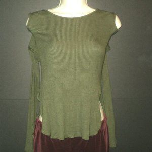 Adara Women's Sweater Cold Shoulder Size Large Olive Green Long Sleeves